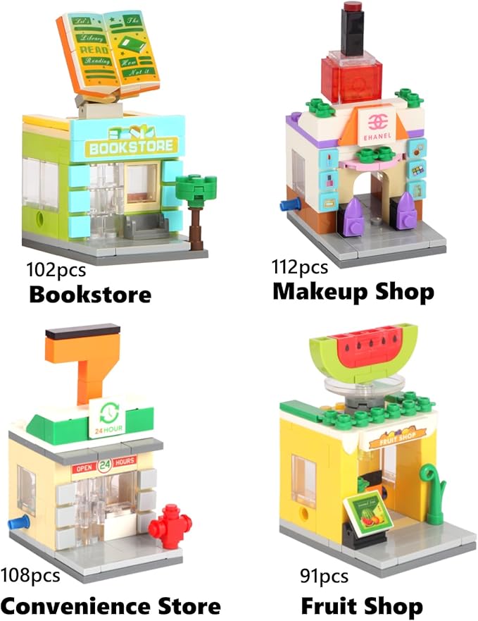 8 in 1 Mini City Street Scene Building Blocks Set - 8 Pack Toy Shops: Beauty Supermarket Music Fruit Bookstore+ (894 PCS) | Gift for Kids 6+ - Birthday|Easter|Holiday