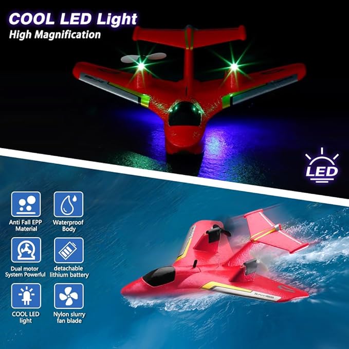 RC Water PlaneRC Airplane for Water Land and Air Remote Control Airplane Flying Fighter Toys2.4GHz 6-axis Gyro Stabilizer RTF Glider Aircraft Jet for Kids Adults Beginners Boys (Red)