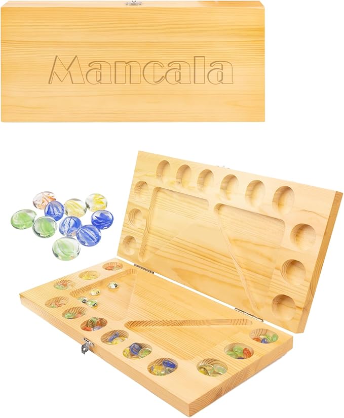 4 Players Mancala Board Game Solid Wood Folding Mancala Board with Multi-Color Glass Stones Mancala Family Travel Strategy Games Set with Game Instruction