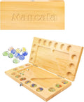 4 Players Mancala Board Game Solid Wood Folding Mancala Board with Multi-Color Glass Stones Mancala Family Travel Strategy Games Set with Game Instruction