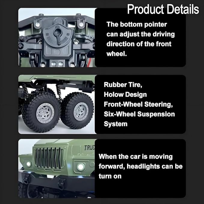 GoolRC RC Military Truck 1:16 Scale 6WD Remote Control Car 2.4GHz Off-Road RC Truck with LED Light and 2 Batteries All Terrain Army Transport Vehicle for Adults