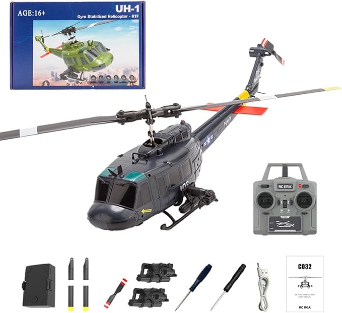 C032 UH-1 Huey RC Helicopter for Adults - 1/48 Scale 2.4G 6CH Flybarless Remote Control Helicopter Model 3D Stunt Flight &amp High-Precision RC Airplane (Dark Blue(1 Battery))