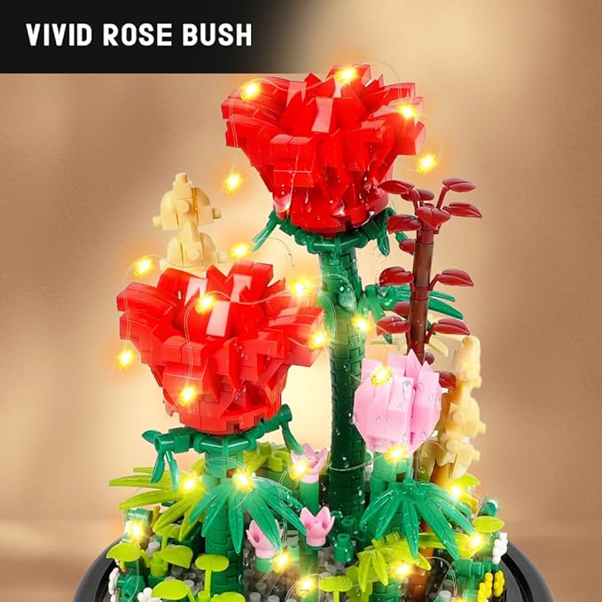 HOGOKIDS Flower Bouquet Building Set with LED Lighting - 596 PCS Red Rose Kits with Cover Botanical Building Blocks | Birthday Mini Bricks Easter Gifts for Kids Girls Teens Adults Home Decor Display