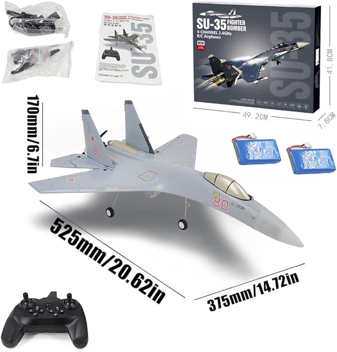 RC Airplane for Adult SU35 Jet 4CH Remote Control Plane RTF Tail Motor Aircraft 3D / 6G Stunt Function Fixed Wing Glider Brushless Motor Simulation Fighter Beginners 2 Batteries (Gray)