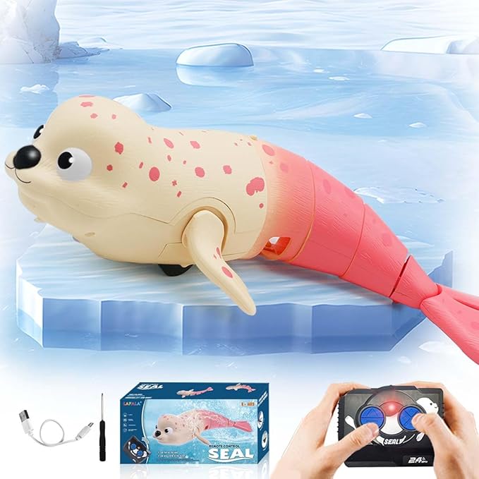 Pool Toys Amphibious Remote Control Seal on Land Water 2.4Ghz Rechargeable Battery Remote Control Shark for Pool Robot Toys for Kids 8-12 Years Old Boys Girls 8910 Upgrade Version Pink