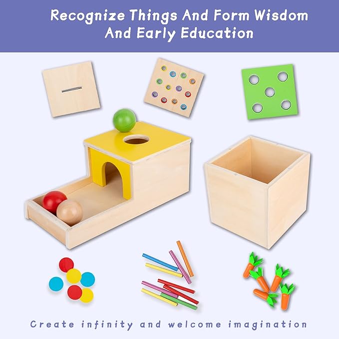 Adena Montessori 4 in 1 Wooden Play Kit Baby ToysObject Permanence BoxMatchstick Color Drop GameCarrot Harvest and Coin BoxBall Drop Toy for Kid 123 Year OldGirl Boy Gift for Baby 6-12 Month