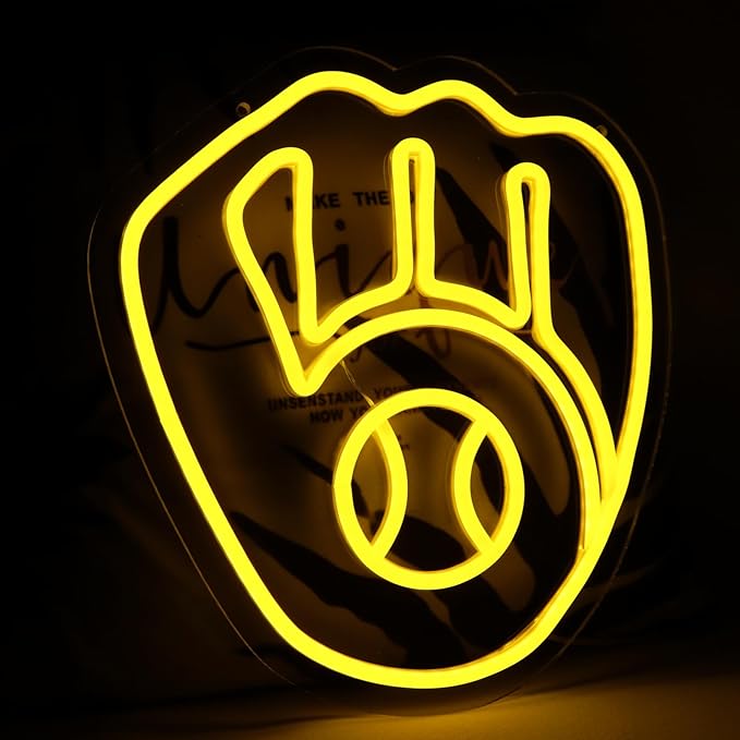 Balanar Baseball Neon Signs for Garage or Man Cave Decor Gifts With Milwaukee Basebll or Rugby Team Logo Yellow Baseball Neon for Parties BarsDorms Office Wall Art and Game Room Decor