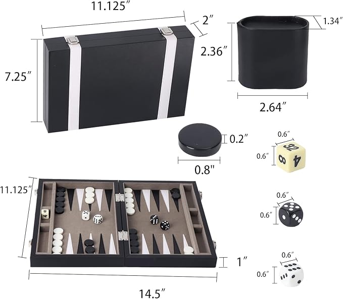 GSE Games &amp Sports Expert Premium Leather Backgammon Board Game Set Classic Backgammon Game Set with Leather Case Travel Folding Board Game (Black&ampGrey Small)