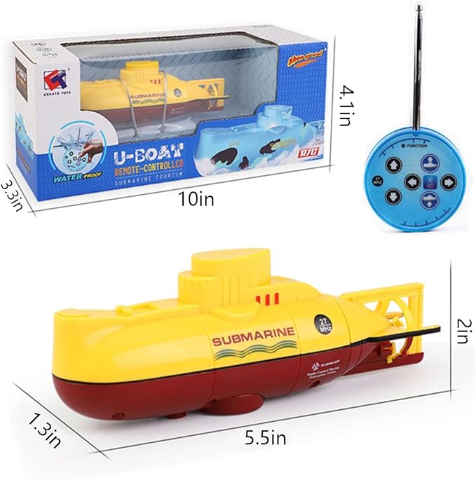Mini RC Submarine Waterproof Remote Control Boat Underwater Diving Fish Tank Toy for Kids Birthday Gift（Yellow）
