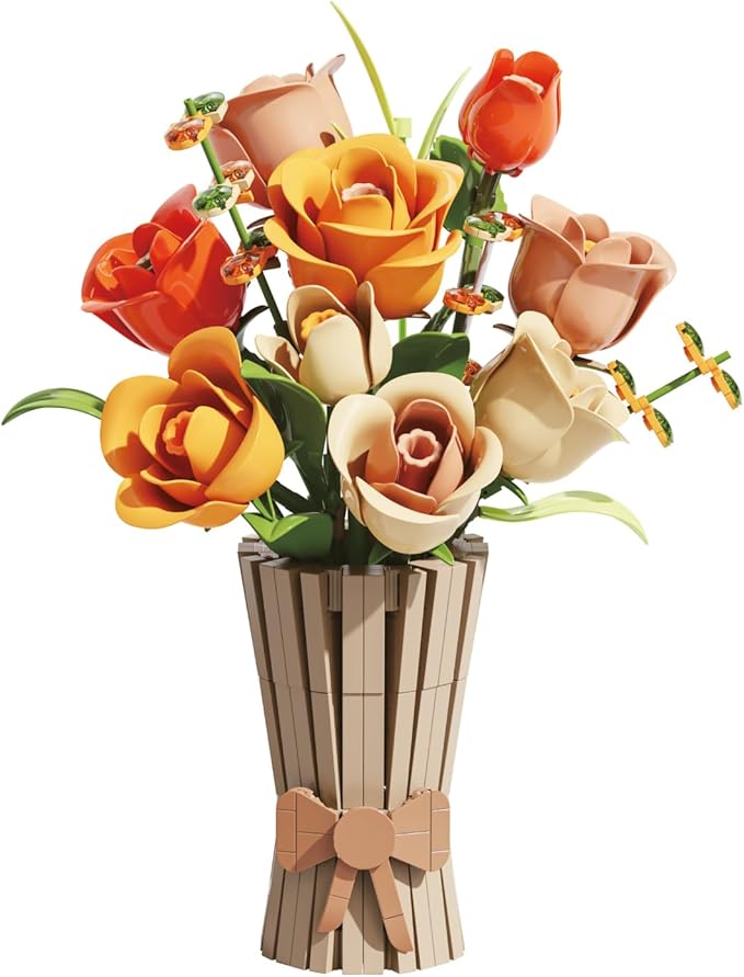 Bagari Roses Bouquet Building Set - Artificial Flowers Building Blocks with Vase Compatible with Lego Kit for Adults - Collection for Home Office Decor Gifts for Women Men Birthday Anniversary 868PCS