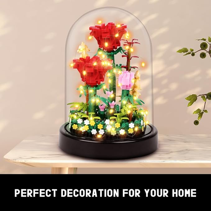 HOGOKIDS Flower Bouquet Building Set with LED Lighting - 596 PCS Red Rose Kits with Cover Botanical Building Blocks | Birthday Mini Bricks Easter Gifts for Kids Girls Teens Adults Home Decor Display