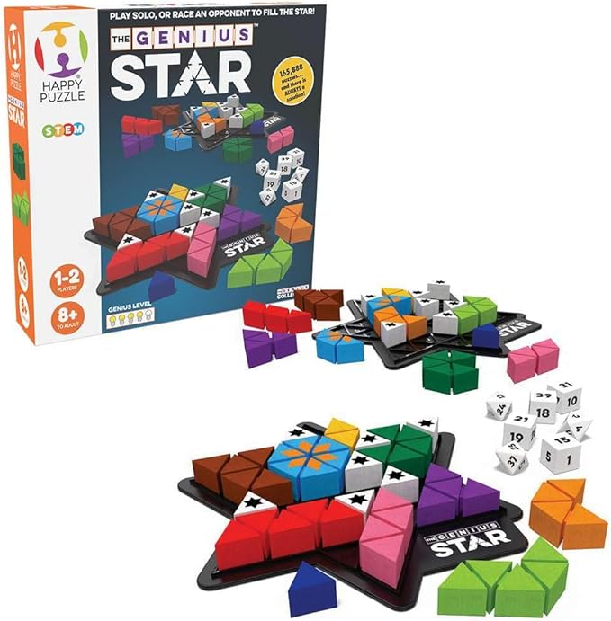 The Happy Puzzle Company The Genius Star | Toy of The Year Award Winning Family Board Game | 165888 Possible Puzzles | Filling in Colored Shapes | Blockers to Complete A Star | Golden Star Twist