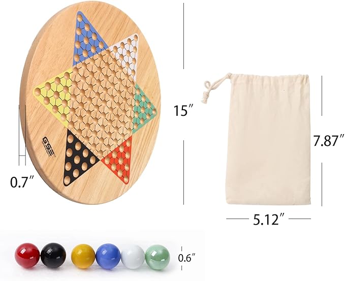 GSE Games &amp Sports Expert 15 Jumbo Oak Wood Chinese Checkers Board Game Set with Colorful Glass Marbles Classic Strategy Family Board Game for Adults