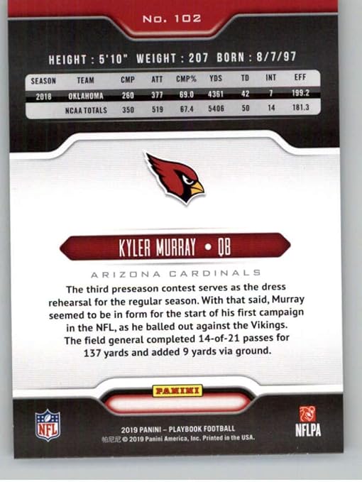 2019 Panini Playbook #102 Kyler Murray Arizona Cardinals RC Rookie NFL Football Trading Card