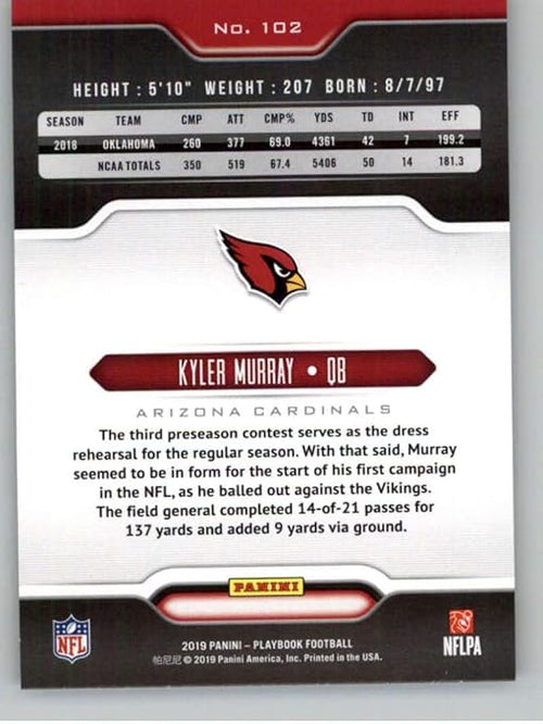 2019 Panini Playbook #102 Kyler Murray Arizona Cardinals RC Rookie NFL Football Trading Card