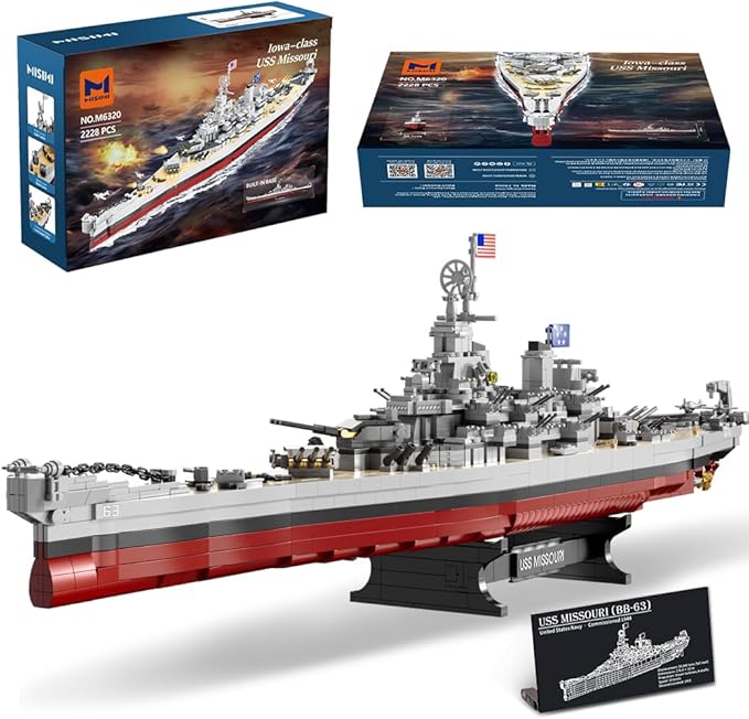 MISINI M6320 Military Series World War II Battleship Building Kit 2228 Pieces USS Missouri Battleship Toy Gift Ship Building Block Set for Adult Collection(Iowa-Class Warship)