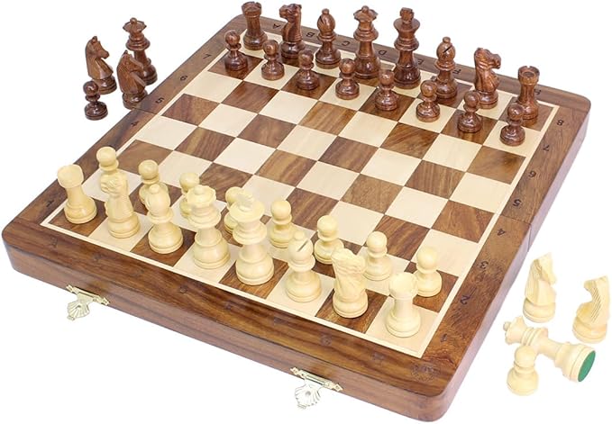 House of Chess - 10 Inch Wooden Magnetic Folding Travel Chess Set/Board with 2 Extra Knights 2 Extra Pawns 2 Extra Queens and Algebraic Notation - Handmade - Golden Rosewood