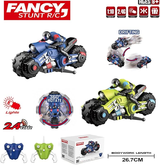 Liberty Imports 2.4Ghz RC Motorcycle Remote Control Stunt Drift Bike Racing Vehicle - 1/10 R/C High Speed Cyclone Motorbike and Riding Figure with 360° Spinning Wheels Action (Blue)