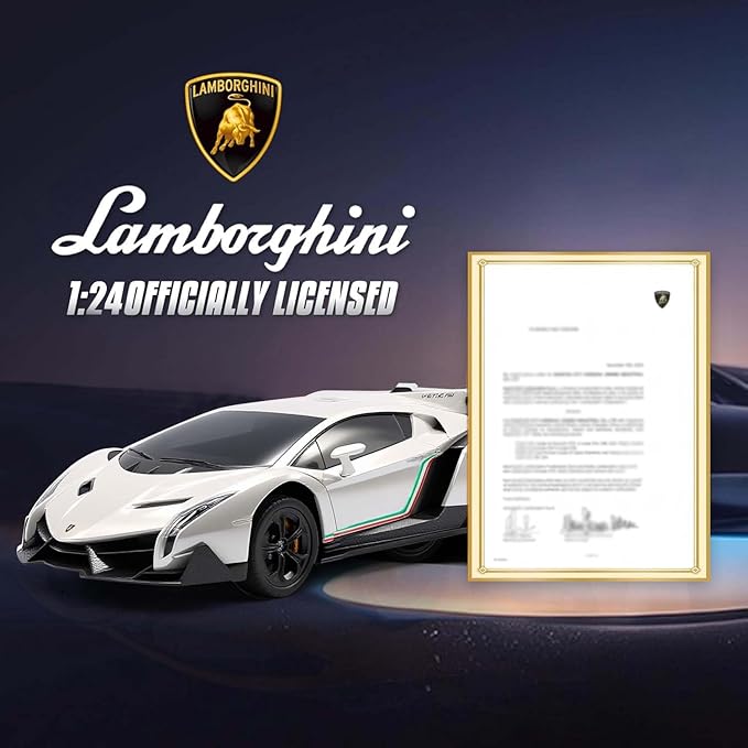 QUN XING Remote Control car 1:24 Officially Licensed Lambo veneno RC Drift Car with LED Lights 2.4GHz 4WD 15KM/H High Speed Rechargeable Battery Birthday Gift for Kids 8-12 White