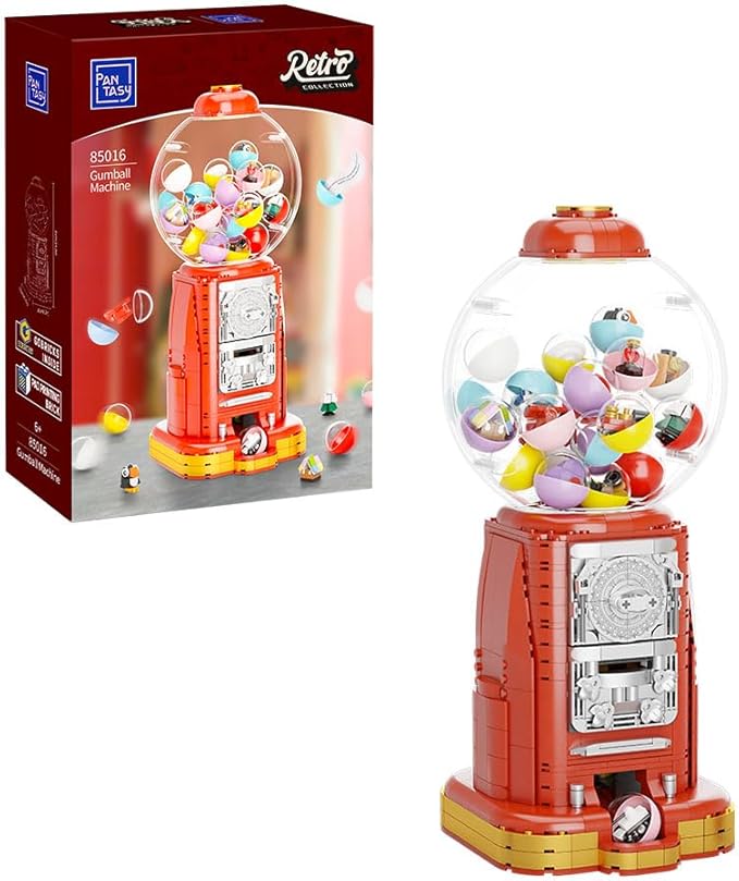 PANTASY Retro Gumball Machine Building Block Set with 12 Micro Building Blocks and 12 Lucky Notes for Multiple Gameplay Desktop Collectible-Quality Classic Gumball Machine Assembly Blocks Kit