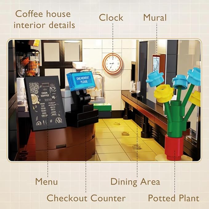 Coffee House Building Blocks Set with Lights Detailed Street View Architecture Model Café Interior &amp Accessories Gift for Teens Adults 14+(768pcs)