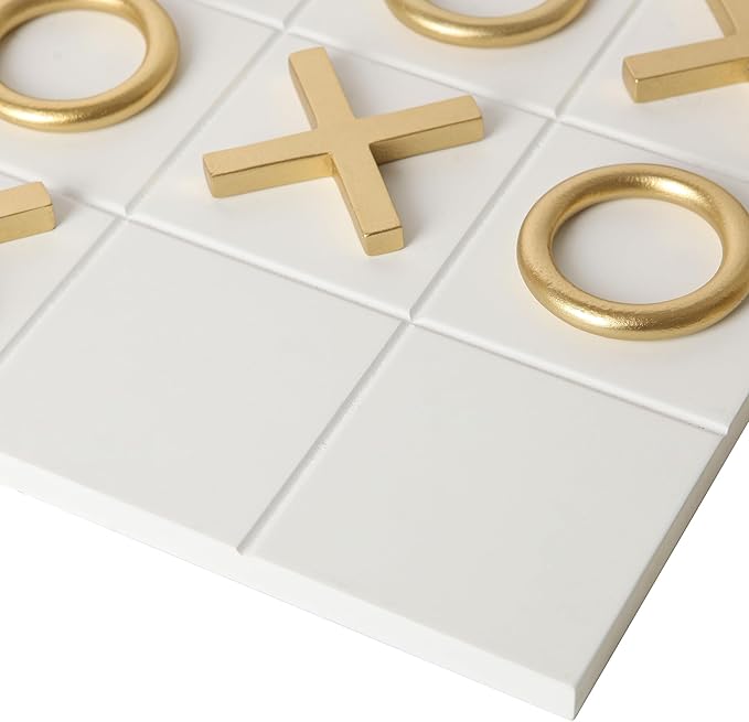 NIKKY HOME 12x12 Inch Tic Tac Toe Wood Game Board Classic Coffee Table Decor Modern Wooden Travel Game for Family White &amp Gold