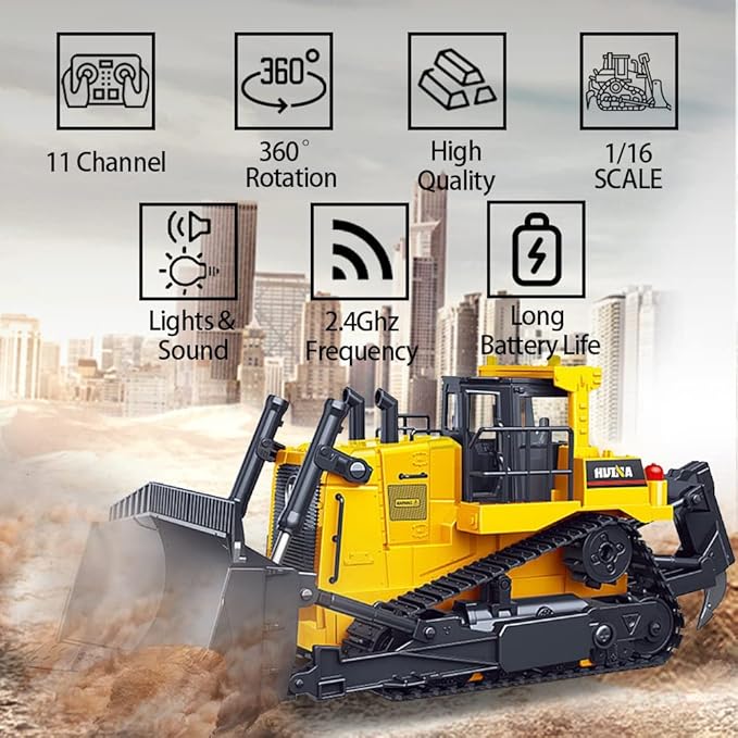 The perseids RC Remote Control Bulldozer 1/16 Scale 11-Channel Full Functional Dozer Vehicle 2.4GHz 360° Rotating RC Dozer with Metal Parts Rubber Tracks Lights &amp Sound for Adults