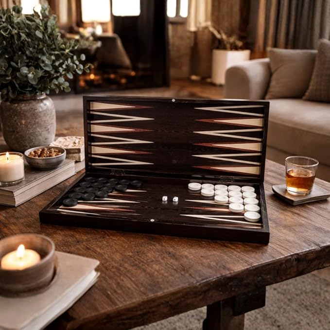 Park&ampOz Premium Turkish Backgammon and Checkers Set 19 Inch Handmade 2 in 1 Wooden Board Game with Glossy Finish Luxury Checkers and Dice Travel Friendly and Foldable (Dark Wenge)