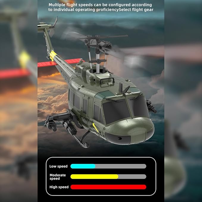 C032 UH-1 Huey RC Helicopter for Adults - 1/48 Scale 2.4G 6CH Flybarless Remote Control Helicopter Model 3D Stunt Flight &amp High-Precision RC Airplane (Yellow-Blue(3 Batteries))