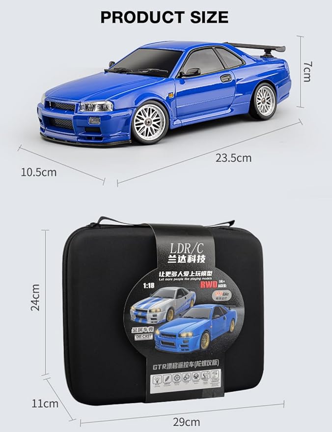 LD1899 1/18 Scale RC Drift Car GTR R34 2.4GHz RWD Mini Model Car with Gyro Alloy Body Shell Racing Cars for Adults Toys (Blue)