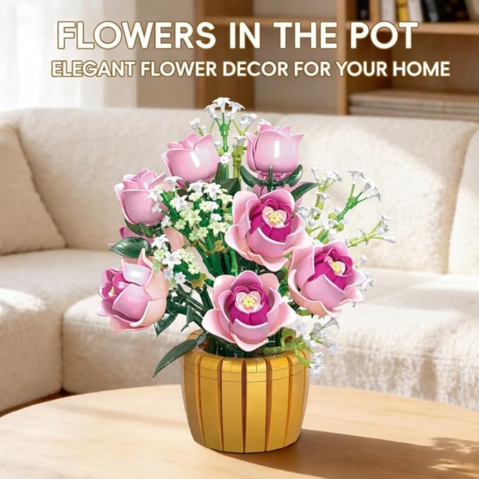 Pink Rose Flower Building Set Botanical Flower Bouquet Building Blocks with Pot DIY Artificial Flowers Decor for Home Office Room Gift for Teens Adults 1059 PCS