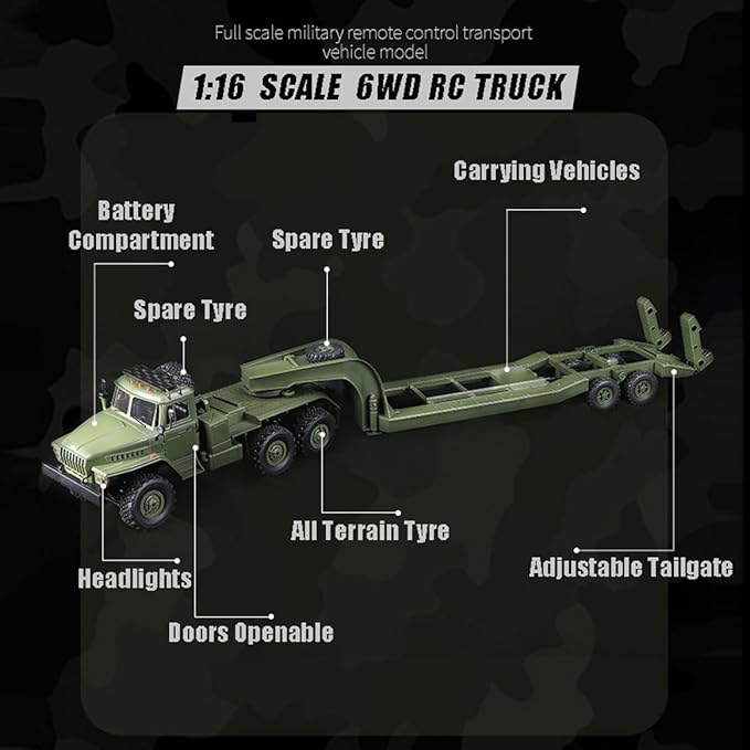 RC Semi Truck 2.4Ghz 6WD Remote Control Army Truck Trailer 41.3 Inch Large Size RC Car Toy 1/16 Scale Tractor Remote Control Electric Transport Vehicle Toy car for boy Gifts