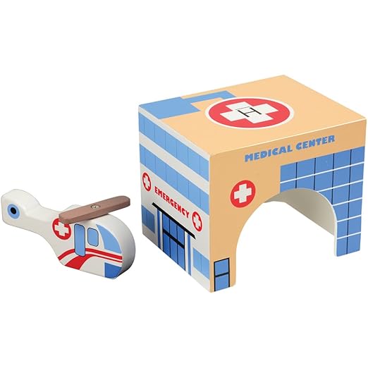 Constructive Playthings Community Wooden Toys and Helicopter Set for Ages 3+ 5-Piece Toddler Imaginative Play Set with Firehouse School Hospital Police Station