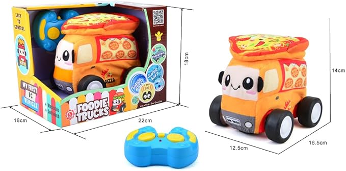 Plush Pizza Car with 2.4GHz Remote – Soft Fabric RC Toy with Music Effects &amp Buildable Top Safe Indoor Play Vehicle for Kids Ages 2+