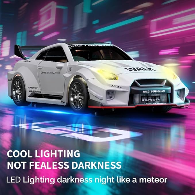 1/43 Scale Alloy RC Drift Car with Adjustable Gyroscope 2.4G 4WD 2 Driving Modes RC Racing Car with LED Lights Desk Racer Model for Hobbyist
