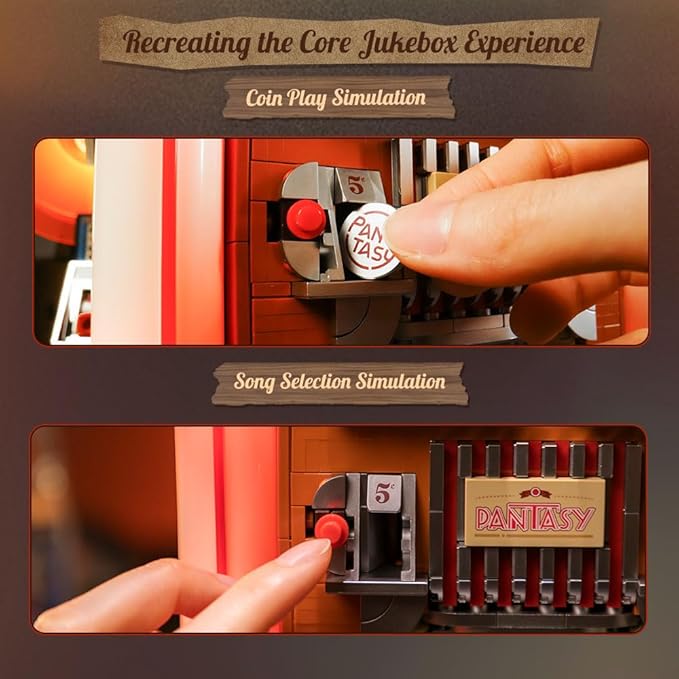 PANTASY Retro Jukebox Building Kit with Coin &amp Sound Function Mechanical Music Box Model with Acrylic Records Recording Studio &amp Minifigure Collectible Construction Toy Gift for Adults and