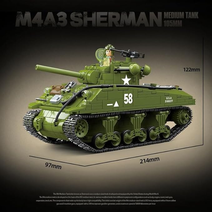 Generic WW2 Military Classic Model World War II M4A3 SHERMAN Medium Tank Building Blocks Toys Bricks for Boys (1175Pcs) Ages 15 and Up (100277)- without Original Box
