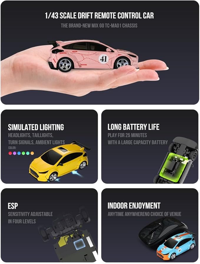 Mini RC Car with HD FPV Camera 1:43 Scale RC Drift Car for 25+ Mins Play 2.4GHz FPV Rc Car with LED Ambient Lights &amp Gyro Mini Racing Toys for Adults (RTR Standard Version/Cyan-Orange)