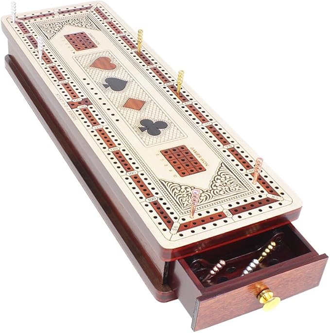 House of Cribbage - 3 Track Continuous Cribbage Board in Maple and Bloodwood - Inlaid Card Symbols (Suits) + Storage Drawer for Cribbage Pegs &amp Cards