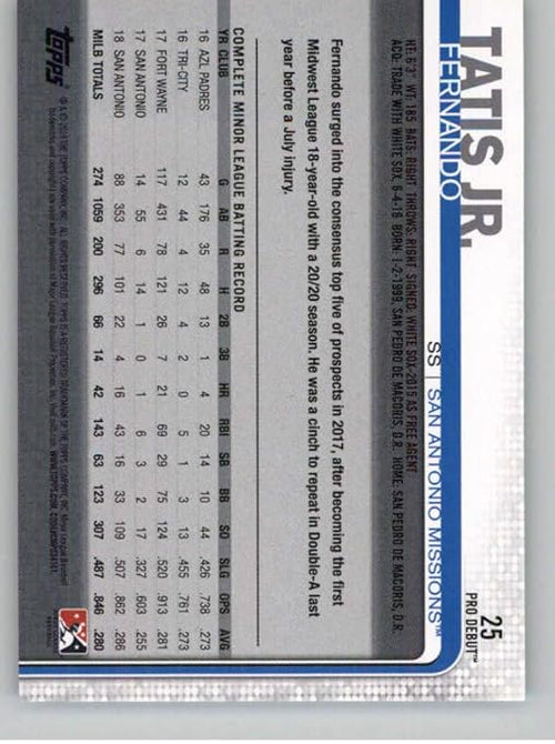 2019 Topps Pro Debut #25 Fernando Tatis Jr. RC Rookie San Antonio Missions MLB Baseball Trading Card