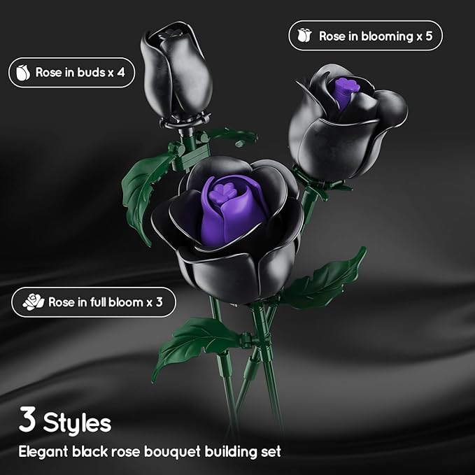 HOGOKIDS Flowers Bouquet Building Set - 15 Black Roses Botanical Collection Building Blocks Artificial Flower Toy 330PCS Gothic Home Decors Easter Gift for Her Girlfriend Wife Adults Teens Kids 8+