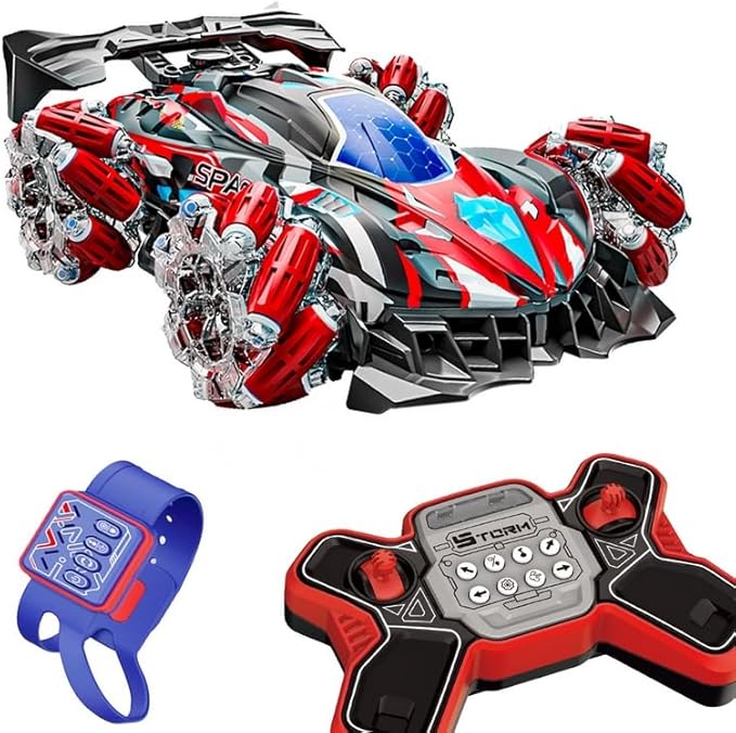 Gesture Sensing RC Stunt Car with Lights &amp Music Hand Gesture Remote Control Toy with 360° Spins Mist Spray (Red)