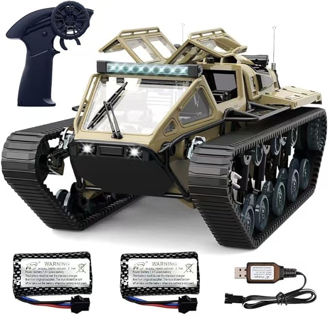 RC Tank Car 1:16 Remote Control Crawler 10KM/H High Speed Tank 2.4Ghz RC Rock Crawler Off-Road 4WD 360°Rotating Drifting Car with 2 Batteries Military Truck Toy for Kids