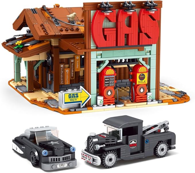 39118 Cowboy City Gas Station Building Blocks with LED Lights 1754 PCS Wild West Vintage Fuel Station Architecture Kit for Adults Western Street Scene Model