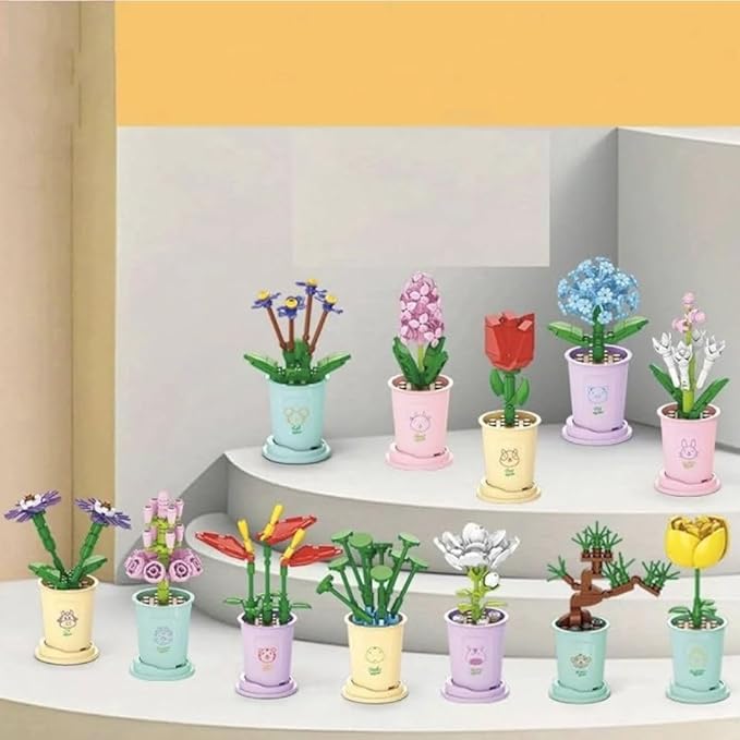 Liberty Imports 12 Pack Mini Flower Botanical Building Block Collection Creative Flower Plant Toy Set for Kids Home or Office Colorful Decorations