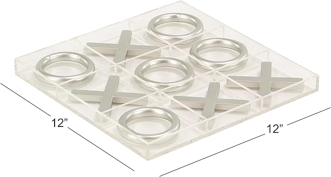 Deco 79 Acrylic Plastic Tic Tac Toe Game Set with Silver Pieces 12 x 12 x 1 Clear