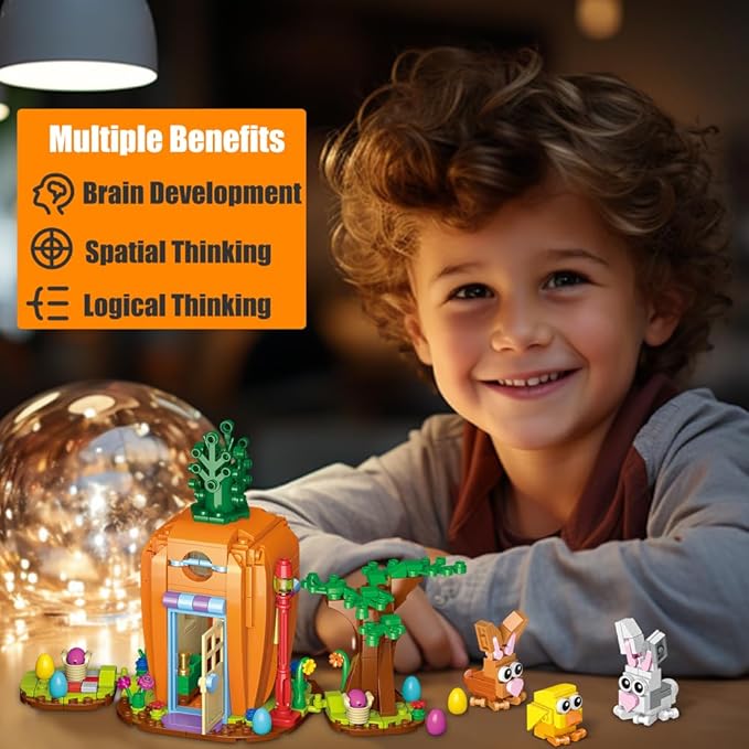 Easter Bunny Carrot House Building Set 2 Rabbits Chick Colorful Easter Egg and Basket Toy Building Blocks Kit Ornaments Gift for Boys Girls Adults