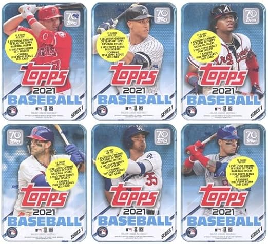 2021 Topps Series 1 Baseball Complete 6 Box TIN SET with 450 Cards! Includes Factory Sealed Collectors Tins of Mike Trout Aaron Judge Ronald Acuna Bryce HarperJavier Baez &amp Cody Bellinger!
