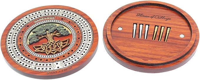 House of Cribbage - 2 Track 60 Points - Tree of Life Inlaid Wooden Travel/Pocket Size Cribbage Board - Size 4 Inch (Blood Wood/Maple Wood)