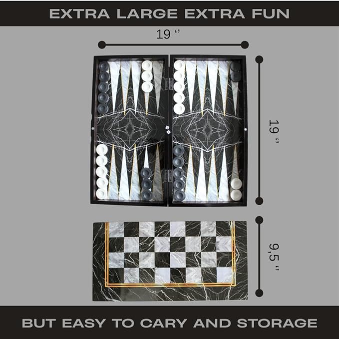 Park&ampOz Premium Turkish Backgammon and Checkers Set 19 Inch Handmade 2 in 1 Wooden Board Game with Glossy Finish Luxury Checkers and Dice Travel Friendly and Foldable (Black Marble)
